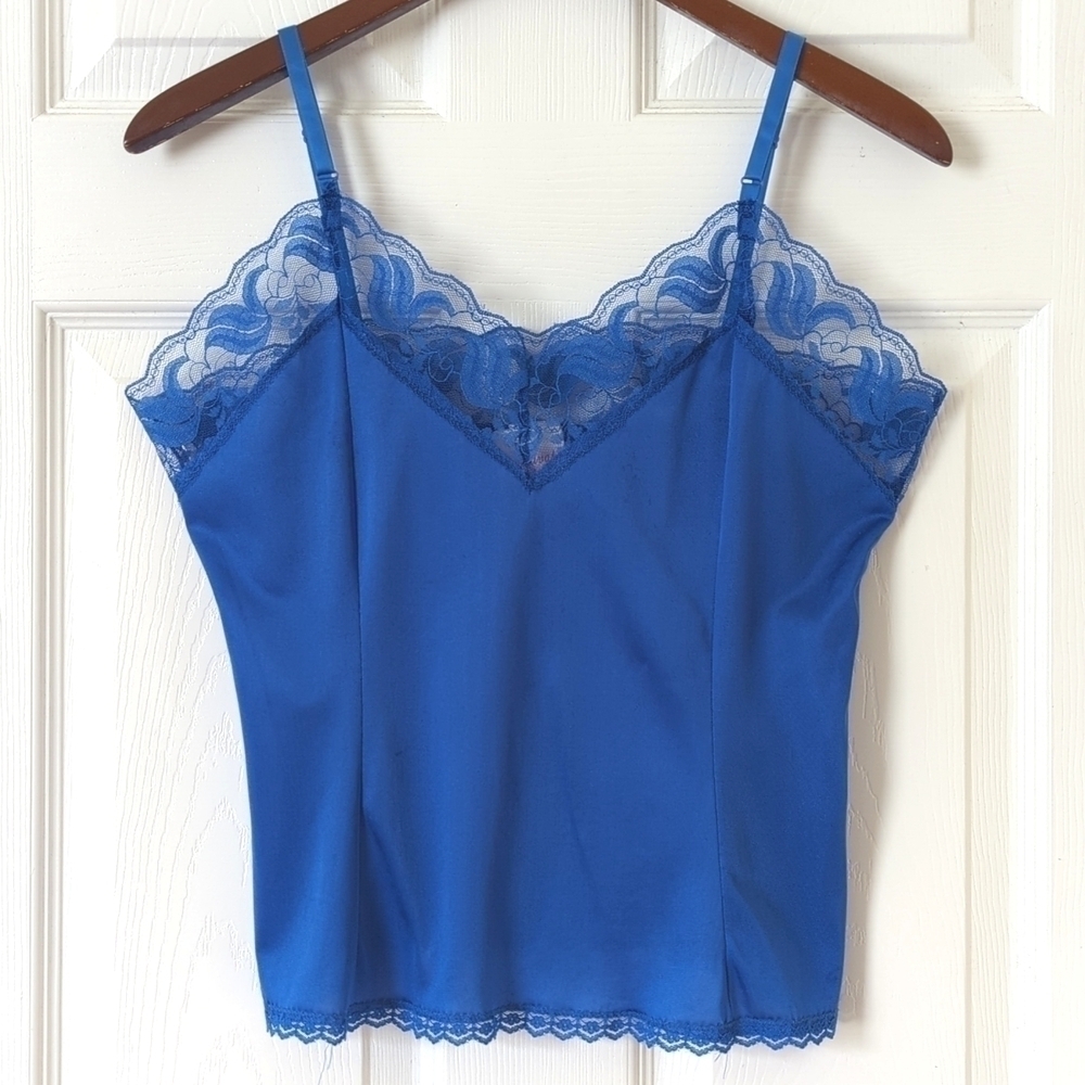 Private Pleasures 80's Vintage Union Made Lace Trim Cropped Tank Top Blue Large